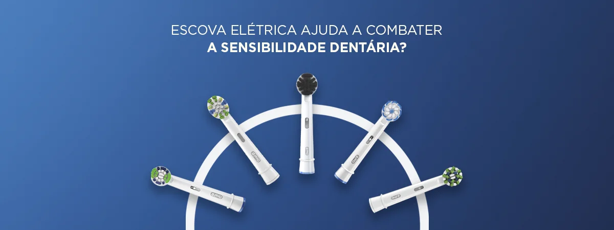Quatro escovas elétricas Oral-B com questionamento sobre sensibilidade dentária, fundo azul.