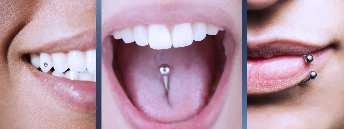 Três imagens em close de bocas com diferentes tipos de piercing, destacando os riscos associados.