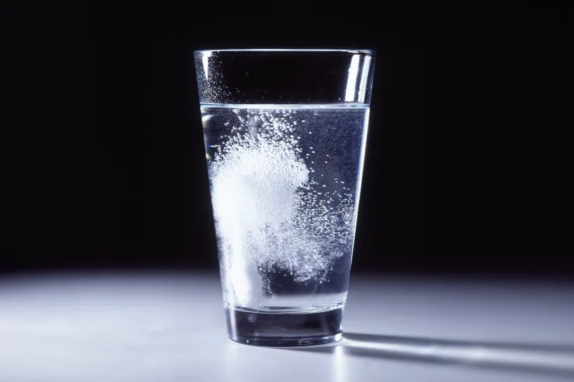 Um copo de água morna com efervescência, possivelmente indicando uma solução para alívio de dor de dente.