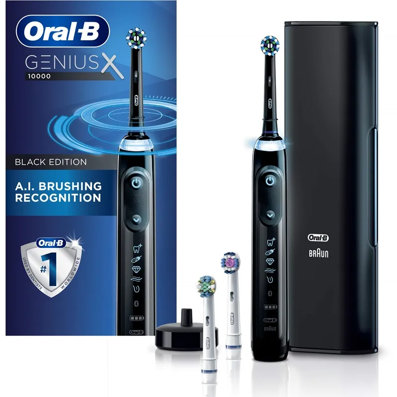 Caixa da escova elétrica Oral-B Genius X com tecnologia de reconhecimento de escovação por IA