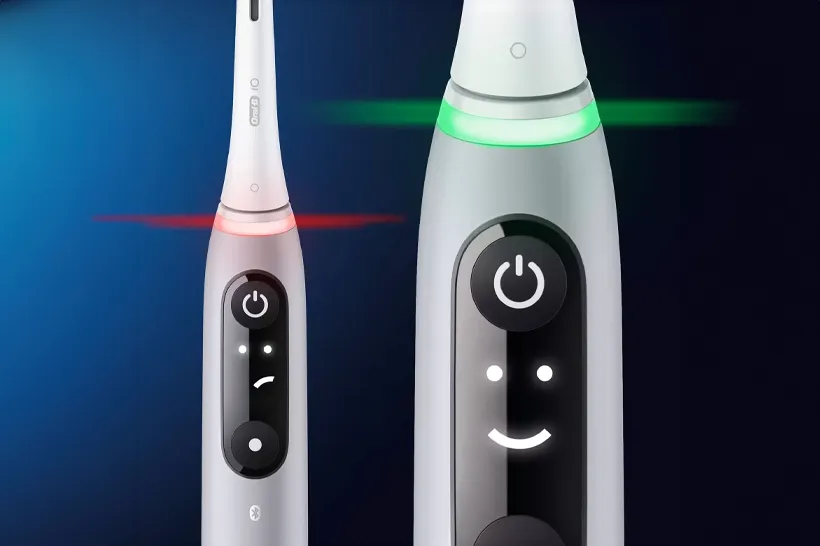 Ilustração gráfica mostrando a interação do usuário com a escova de dentes elétrica Oral-B IO Series 6, destacando sua interface amigável