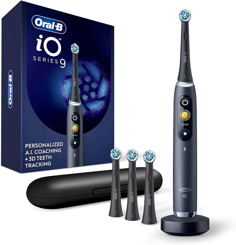 Caixa da Oral-B iO Series 9 com recursos de IA para acompanhamento personalizado da escovação.