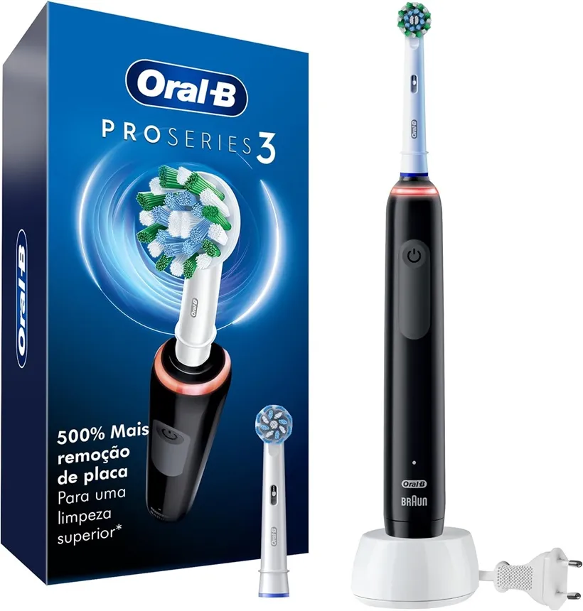 Embalagem da escova elétrica Oral-B Pro Series 3 destacando a remoção eficiente de placa