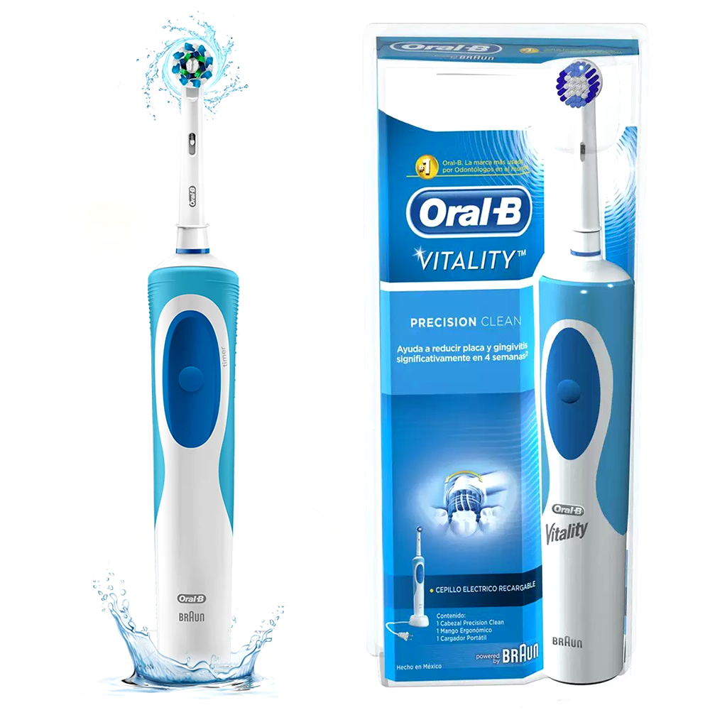 Escova elétrica Oral-B Vitality Precision Clean, azul e branca.
